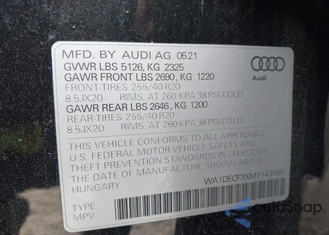 2021 Audi Q3 Premium 45 Tfsi S Line Quattro Tiptronic из США, поврежденный, VIN WA1DECF3XM1147085